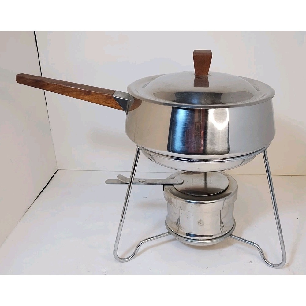 Vollrath Fondue Set Stainless Steel Walnut Handle MCM 5 Piece Set Camping Cheese